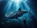 Ai Generated illustration Wildlife Concept of Whale shark and the diver Royalty Free Stock Photo