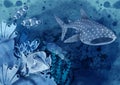 Whale shark with the scene of under ocean coral reef area in watercolor style on blue paper pattern background. Card and poster