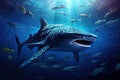 Whale shark swimming in blue ocean. Underwater world. 3d rendering, Whale shark and school of sharks in a deep blue ocean, AI