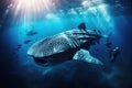 Whale shark swimming in deep blue ocean. Underwater world, giant Whale shark swimming underwater with scuba divers, AI Generated Royalty Free Stock Photo