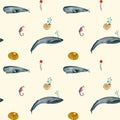 Whale shell sea horse beige watercolor pattern