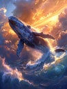 Whale soaring through a cloud-filled sky