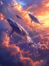 Whale soaring through a cloud-filled sky