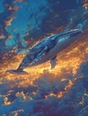 Whale soaring through a cloud-filled sky