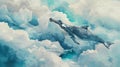 A whale soars among fluffy clouds, depicted in dreamy watercolor washes, ethereal and soft.AI Generate