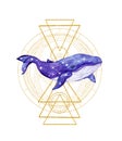 Whale with stars and constellations on golden triangles and circles. Watercolor geometric design for astrology, esoteric