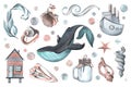 Whale, steamboat, fisherman's house, various shells and bubbles. Watercolor illustration. A set from the WHALES