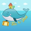 Whale with suitcase and house swim in the sea