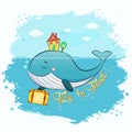 Whale with suitcase and house swim in the sea