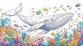 Majestic Whale Swimming Above Vibrant Coral Reef with Small Fish, Ocean Life Royalty Free Stock Photo