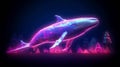 Whale Swimming in Neon Low Poly Forest. Triangular Vector Illustration. Genearative AI