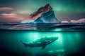 Whale swimming under iceberg
