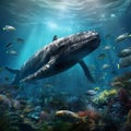 A whale swimming underwater of ocean with little fish around it Royalty Free Stock Photo