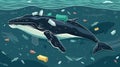 whale swims among garbage. environmental pollution