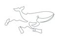 Whale swims among plastic waste. Drawing with one continuous line.