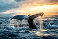 Whale tail diving and splashes on surface of the ocean, seascape sunset Generative AI