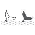 Whale tail line and glyph icon, aquatic and animal