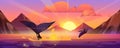 Whale tail in sea on sunset cartoon illustration Royalty Free Stock Photo