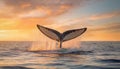 Whale tail seen above the ocean water creating splashes in the sunset light. Beautiful wildlife seascape Royalty Free Stock Photo