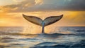 Whale tail splashing above the ocean water with a beautiful sunset on the horizon Royalty Free Stock Photo
