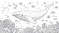 Whale and Fish Underwater Scene - Black and White Line Art Royalty Free Stock Photo
