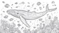 Whale and Fish Line Drawing - Underwater Scene with Corals Royalty Free Stock Photo