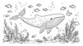 Whale Swimming with Fish in Underwater Scene, Black and White Line Art Royalty Free Stock Photo