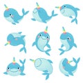 Whale unicorn. Cute marine inhabitants colorful adorable whales unicorns, funny animals childrens anime creatures, cartoon vector