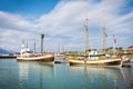 Whale watching safari boats in port of Husavik in north Iceland