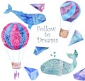 Whale watercolor fantasy whale Balloon and crytstal Follow to Dream flying blue ocean sea deep character drawing illustration geom