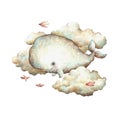 Whale watercolor illustration. cute animals isolated on white background. whale flying in the clouds