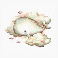 whale watercolor illustration. cute animals isolated on white background. whale flying in the clouds Royalty Free Stock Photo