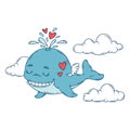 A whale with wings in the sky with hearts