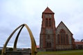 The whalebone arch and the cathedral in Stanley, Falkland Islands