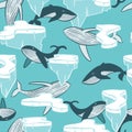 Whales in cold ocean fabric seamless pattern print winter background Royalty Free Stock Photo
