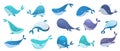 Whales collection. Ocean underwater life with big swimming blue fishes cute wild whales exact vector illustration Royalty Free Stock Photo