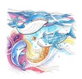 Whales colourful watercolor painting with abstract moving background illustration