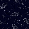 whales and constellations space seamless pattern on dark blue background