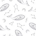 whales and constellations space seamless pattern on white background