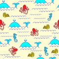 Whales, fish, waves, octopus, nautilus, seahorse seamless patter