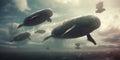 Whales float through the sky like airships , concept of Fantasy, created with Generative AI technology