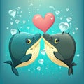 Whales kissing. Cute cartoon with two animals in love romantic illustration. Template for Valentine day. Blue colors. Generative Royalty Free Stock Photo