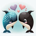 Whales kissing. Cute cartoon with two animals in love romantic illustration. Template for Valentine day. Blue colors. Generative Royalty Free Stock Photo