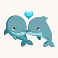 Whales kissing. Cute cartoon with two animals in love romantic illustration. Template for Valentine day. Blue colors. Generative Royalty Free Stock Photo