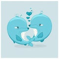 Whales kissing. Cute cartoon with two animals in love romantic illustration. Template for Valentine day. Blue colors. Generative Royalty Free Stock Photo