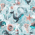 Whales with lighthouses, shells, algae and starfish. Watercolor illustration. Seamless pattern from a large set of Royalty Free Stock Photo