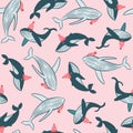 Whales in pink background fabric seamless pattern print with winter hats Royalty Free Stock Photo