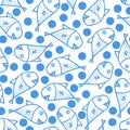 Whales Seamless Pattern. Background with Hand Drawn Doodle Cute Whales and Blue Bubbles.