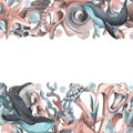 Whales with seashells, starfishes, bubbles, algae and corals turquoise. Watercolor illustration hand drawn. Template on