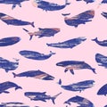 whales and sharks texture silhouettes of large fish of the oceans and seas seamless pattern